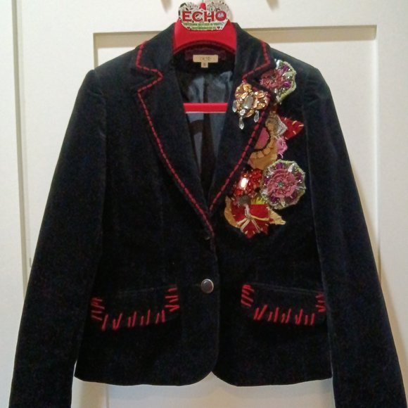 Cache Jackets & Blazers - Cache Black Cotton Velvet  Embellished Blazer Retro Betsy Johnson Style